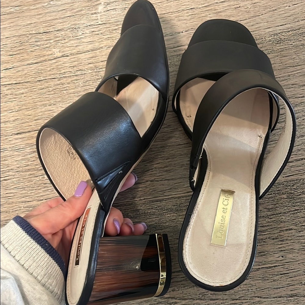 Louise et Cie Black Leather Block Heel Slide Sandals // Sz 8.5 - Picture 2 of 7